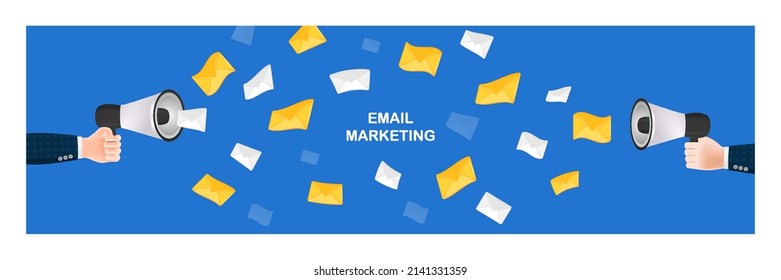 3D Cartoon Illustration. Businessman Hand Holding Megaphone Sending Mail Blast, Email Marketing Strategy Concept. Vector Design