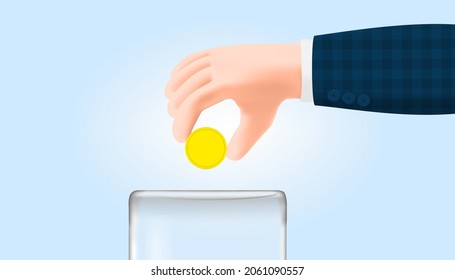 3D Cartoon illustration businessmen hand holding dollar money coin with glass jar. Saving concept. Vector design