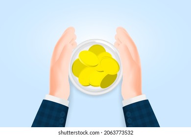 3D Cartoon Illustration Businessmen Hand Holding Glass Jar Full Of Dollar Money Coin. Saving Concept. Vector Design