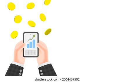 3D Cartoon illustration businessmen hand holding smartphone with chart and dollar money coin. Vector design