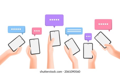 3D Cartoon Illustration Group Of People Raising Hands Holding Smartphones With Bubble Chat Icon. Vector Design