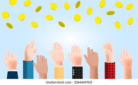 3D Cartoon Illustration Group Of People Raising Hands Try To Grab Money Coin Falling. Vector Design