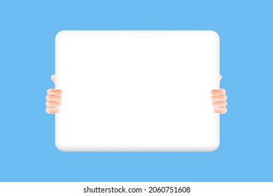 3D Cartoon illustration hand holding white board announcement. Vector design