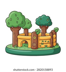3D cartoon illustration of an inflatable forest playground for kids, featuring green trees, a yellow play area with an arched entrance, and floral decorations on a green base.
