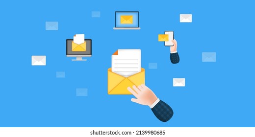 3D Cartoon Illustration. Opening Email Mailbox. Businessman Click Open Mail With Smart Phone, PC Desktop, Laptop, Envelope Letter, Icon. Vector Design