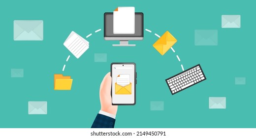 3D cartoon illustration. Process creating email marketing strategy. Businessman holding smart phone with keyboard, envelope, letter, PC desktop icon. Vector design