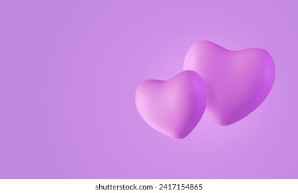 3d cartoon inflated hearts flying on purple gradient background. Valentine's day, birthday minimal romantic banner with copy space. Balloon shape in plastic style. Vector illustration. Love object.