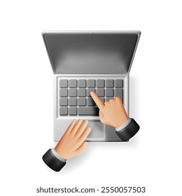 3D cartoon laptop computer and hands isolated. Render notebook LCD display mock up with blank screen. Mobile computer device icon. Technology concept. 3D rendering. Minimal vector illustration