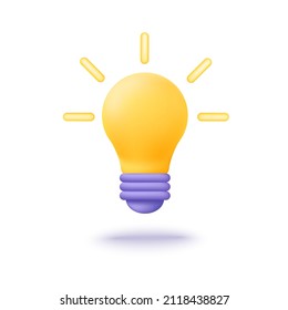 3d cartoon light bulb icon. Idea, imagination, business successful solution concept.