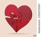 3D Cartoon Love Puzzle jigsaw isolated on beige background. Red heart jigsaw puzzle. World Health Day, Valentine day symbol. Jigsaw heart symbol. charity donation, 3D vector illustration.