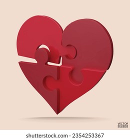 3D Cartoon Love Puzzle jigsaw isolated on beige background. Red heart jigsaw puzzle. World Health Day, Valentine day symbol. Jigsaw heart symbol. charity donation, 3D vector illustration.