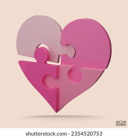 3D Cartoon Love Puzzle jigsaw isolated on beige background. Pink heart jigsaw puzzle. World Health Day, Valentine day symbol. Jigsaw heart symbol. charity donation, 3D vector illustration.