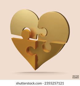 3D Cartoon Love Puzzle jigsaw isolated on beige background. Gold heart jigsaw puzzle. World Health Day, Valentine day symbol. Golden Jigsaw heart symbol. charity donation. 3D vector illustration.