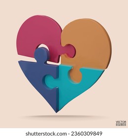 3D Cartoon Love Puzzle jigsaw isolated on beige background. Colorful heart jigsaw puzzle. World Health Day, Valentine day symbol. Jigsaw heart symbol. charity donation. 3D vector illustration.