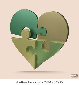 3D Cartoon Love Puzzle jigsaw isolated on beige background. Green heart jigsaw puzzle. World Health Day, Valentine day symbol. Jigsaw heart symbol. charity donation. 3D vector illustration.