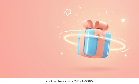 3d cartoon magic gift box with light effect vector illustration. Blue gift box design element on soft pink background.