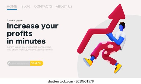 3d cartoon man holding growing arrow. Income or profit increase concept. Landing page template. Vector illustration