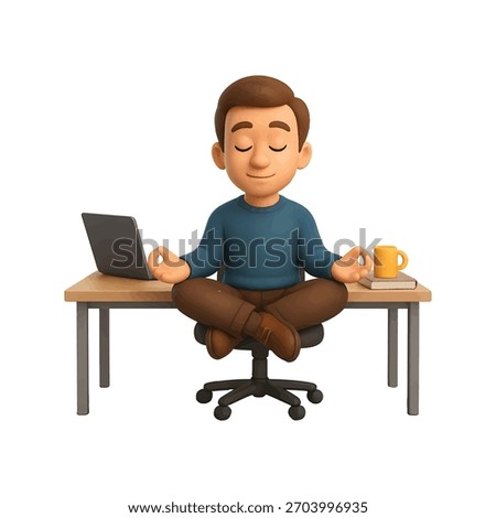 3D Cartoon Man Meditating At Office Desk