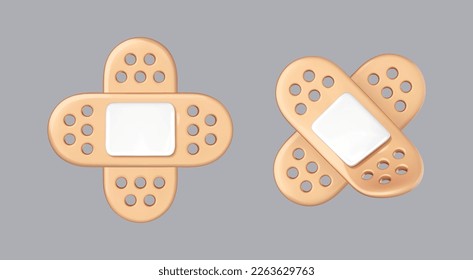 3D cartoon medical plaster icons. Sticky medic bandage. Medic recovery patch. Beige adhesive antibacterial bandage. First aid concept. Vector 3d illustration