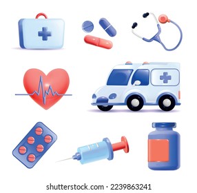 3 d medicina de dibujos animados color conjunto de iconos aislados con píldoras para el corazón jeringa estetoscopio y vehículo ambulancia ilustración vectorial