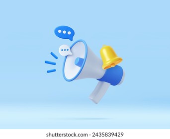 3D Cartoon Megaphone with Bell notification and speech bubble. Marketing time concept. Online news with loudspeaker. Social media promotion. 3d rendering. Vector illustration