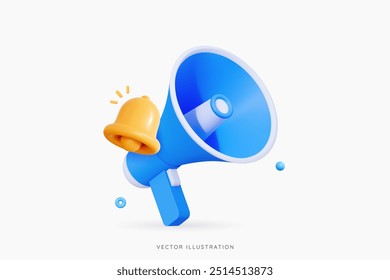 3D Cartoon Megaphone com notificação Bell. Conceito de tempo de marketing. Notícias online com alto-falante. Promoção de mídias sociais. Ícone de emoji de design realista isolado em branco. Ilustração do vetor 3D