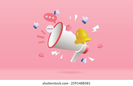 3D Cartoon Megaphone with Bell notification and speech bubble. Marketing time concept. Online news with loudspeaker. Social media promotion. 3d rendering. Vector illustration