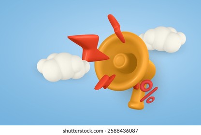 3d cartoon megaphone with cloud and lightning. Speaking trumpet. Vector illustration.