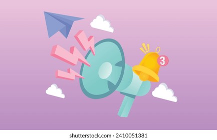 3D cartoon megaphone with notification sound.3d goal for technology,online social media usage illustration.