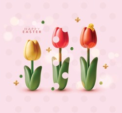 3D Cartoon Minimalistischer Stil Tulpen Auf Rosa Hintergrund. Ostern, Muttertag Grußkarte Mit Freiem Platz Für Ihren Text.