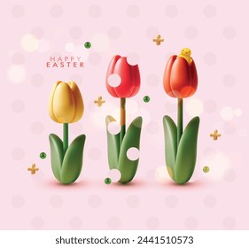 3D cartoon minimalist style tulips on pink background. Easter, Mothers Day greeting card with free space for your text.