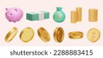 3D cartoon money element set isolated on pale pink background. Including piggy bank, cash bills, money bag, stacks of coins, and coins in different angles.