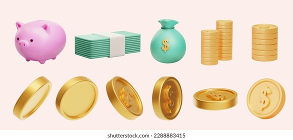 3D cartoon money element set isolated on pale pink background. Including piggy bank, cash bills, money bag, stacks of coins, and coins in different angles.