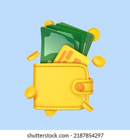 3D cartoon money wallet with green paper dollars, credit card and coins. Business financial investment concept. Vector 3d illustration
