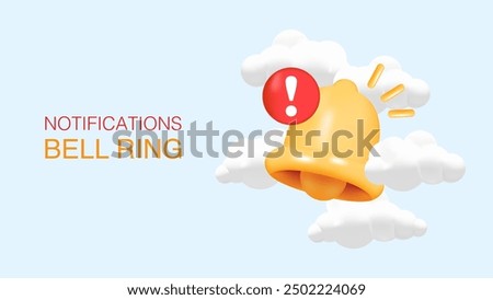 3D Cartoon Notification Bell Alert Icon with Clouds and Exclamation Mark - Realistic Vector Illustration