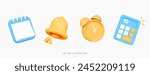 3D Cartoon office set emoji icons. Yellow alarm clock, bell, blue calendar and calculator. Business and education concept. School objects. New notification. Work elements. 3D Vector Illustration