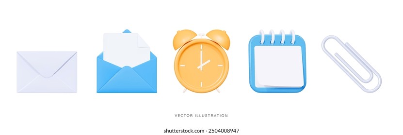 3D Cartoon office set emoji icons. Blue envelope, calendar and note, yellow alarm clock and grey clip. Business and education concept. School objects. Work collection elements. 3D Vector Illustration