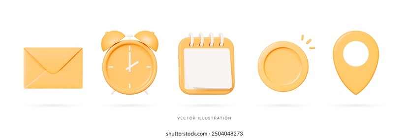 3D Cartoon office set emoji icons. Yellow envelope, clock, calendar and golden coin, location pin. Business and education concept. Work collection elements. Finance objects. 3D Vector Illustration