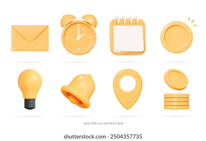 Iconos de emoji de conjunto de oficina de dibujos animados 3D. Sobre amarillo, reloj, calendario, moneda, bombilla, campana y pin de ubicación. Concepto de negocios y educación. Elementos de trabajo. Objetos financieros. Ilustración vectorial 3D