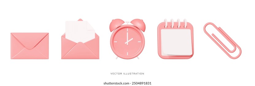 3D Cartoon office set emoji icons. Pink envelope, calendar, note, alarm clock and paper clip. Business and education concept. Cute school objects. Work collection elements. 3D Vector Illustration