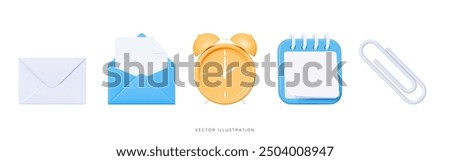 3D Cartoon office set emoji icons. Blue envelope, calendar and note, yellow alarm clock and grey clip. Business and education concept. School objects. Work collection elements. 3D Vector Illustration