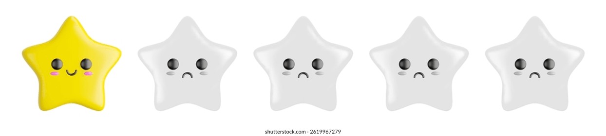 3d cartoon uma estrela feliz amarela sorridente e quatro estrelas tristes cinzentas monótonas franzidas. Classificação do cliente de baixa qualidade e feedback negativo. Avaliações negativas. Ilustração vetorial de renderização 3d.