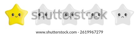 3d cartoon one happy bright yellow smiling star and four sad grey dull frowning stars. Customer rating of poor quality and negative feedback. Negative reviews. Vector illustration of 3d render.