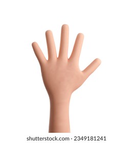 3D Cartoon Open Hand Isolated on White Background. Hand Give Me Five or Stop Hand Gesture. Lifted Hand Up for Concept Requesting Permission or Attracting Attention. Vector Illustration of 3D Render.