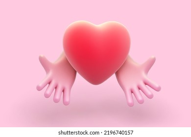 3D cartoon open man palms showing red heart on pink background. Abstract concept of love, hope, charity and healthcare. Two cartoon style funny human hands holding heart. Vector illustration.