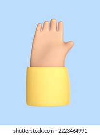 3D cartoon open palm isolated on blue background. Open outstretched hand, showing five fingers, extended in greeting. Vector 3d illustration