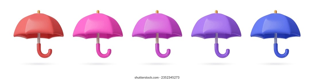 3d cartoon open umbrella icons set. Different color cute plastic three dimensional vector objects on white background. Protection, safety, security concept.