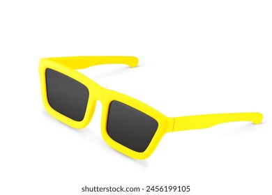 Par de dibujos animados 3d de gafas de sol de color amarillo brillante sobre fondo blanco liso. Gafas de sol en forma clásica con monturas anchas y lentes oscuras. Elemento de diseño para publicidad. Ilustración vectorial 3d render.