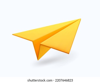 3D Cartoon Paper Plane in Yellow Color Isolated on White Background. Icon of Social Networks.Vector Illustration of 3d Render.