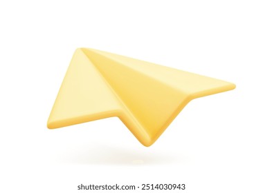 3D Cartoon Paper Plane in Yellow Color Isolated on White Background. Icon of Social Networks.Vector Illustration of 3d Render.